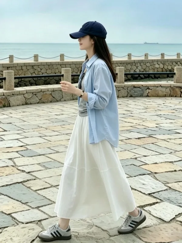 Blue Long Sleeve Loose Women's Shirt And High Waist Skirt Two Piece Set Summer Fashion Casual Chic Cotton Button up Outfit