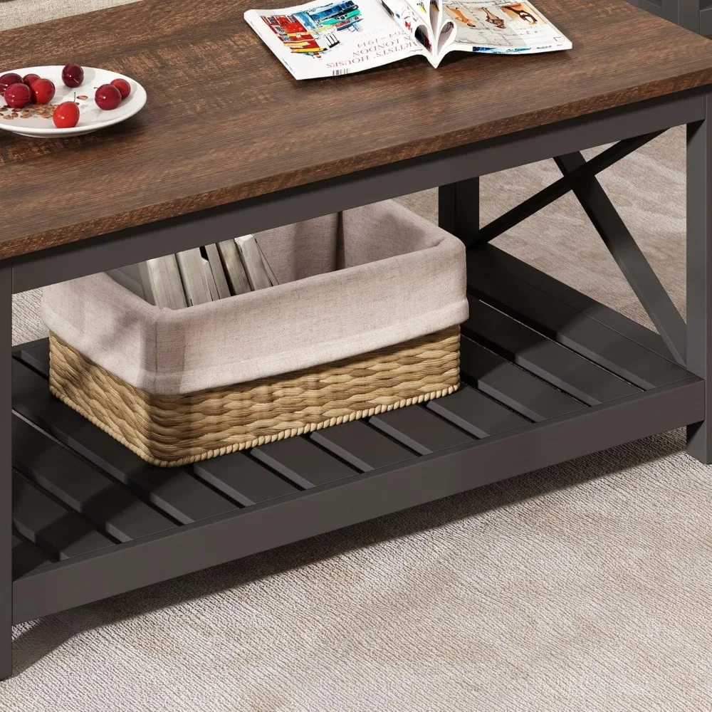 Coffee Table, Rustic Vintage Farmhouse Living Room Table with Shelf,