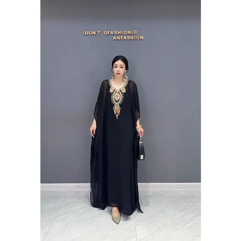 2pcs set Summer Kaftan Terengganu Black Chiffon Dress Embroidery Splicing Loose European Version Large Dress Beach Holiday Dress