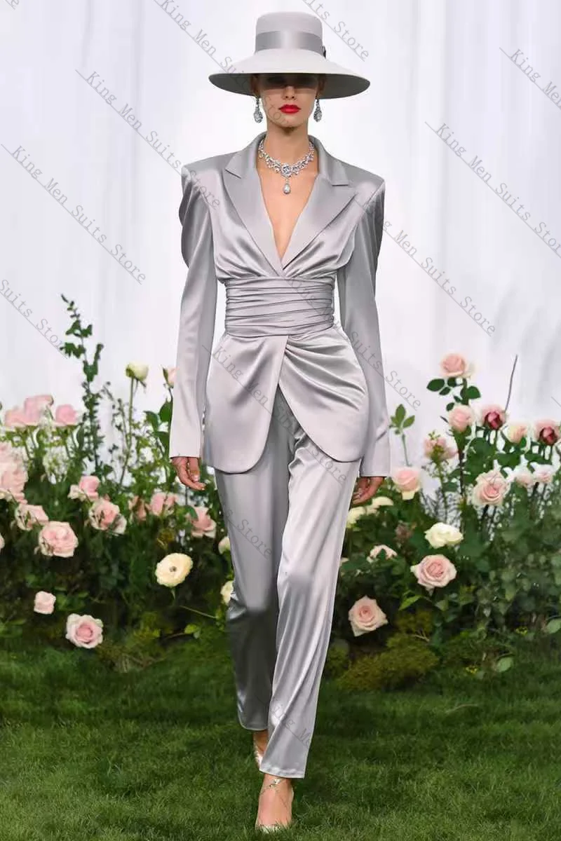 

Silver Satin Women Suit Set 2 Pcs Blazer+Straight Pants Trousers Belt Customized Formal Guest Wedding Tuxedos Party Coat Jacket