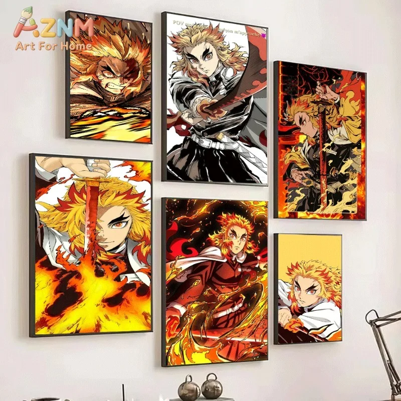 Demon Slayer Kyojuro Rengoku Flame Hashira Battle Portrait Anime Canvas Wall Art Unframed Single Canvas Print Wall Art Decor