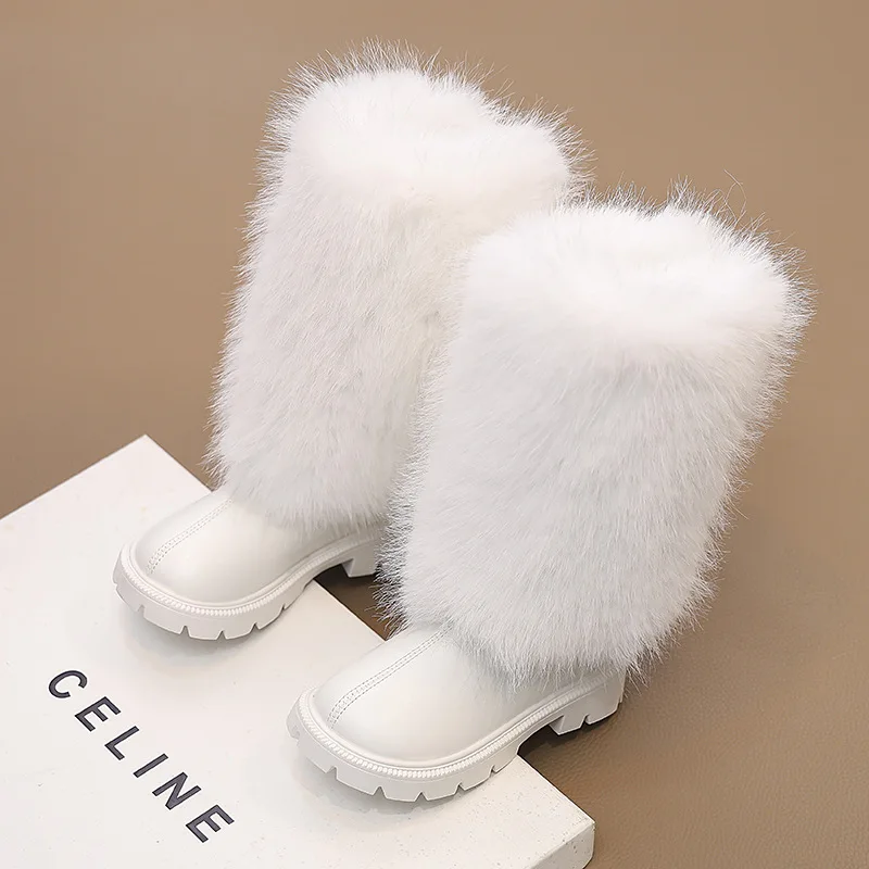 

Warm Long Plush Rear Zip Knee Boots Girl 2025 Winter Comfort Thick Bottom Non Slip Booties Fashion Solid Faux Fur Boots Child