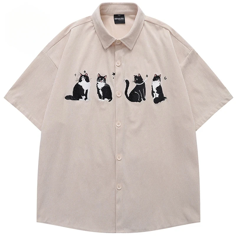 Cat Embroidery shirts Men Vintage Oversized Casual Loose Button Up Blouse Unisex Y2K