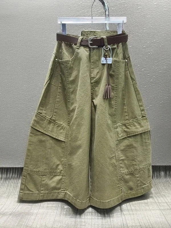 

Retro High Waist Wide Leg Pants Thin Workwear Style Summer Fashion Loose Fit Women's Jeans Short Pants Casual Multi Pocket