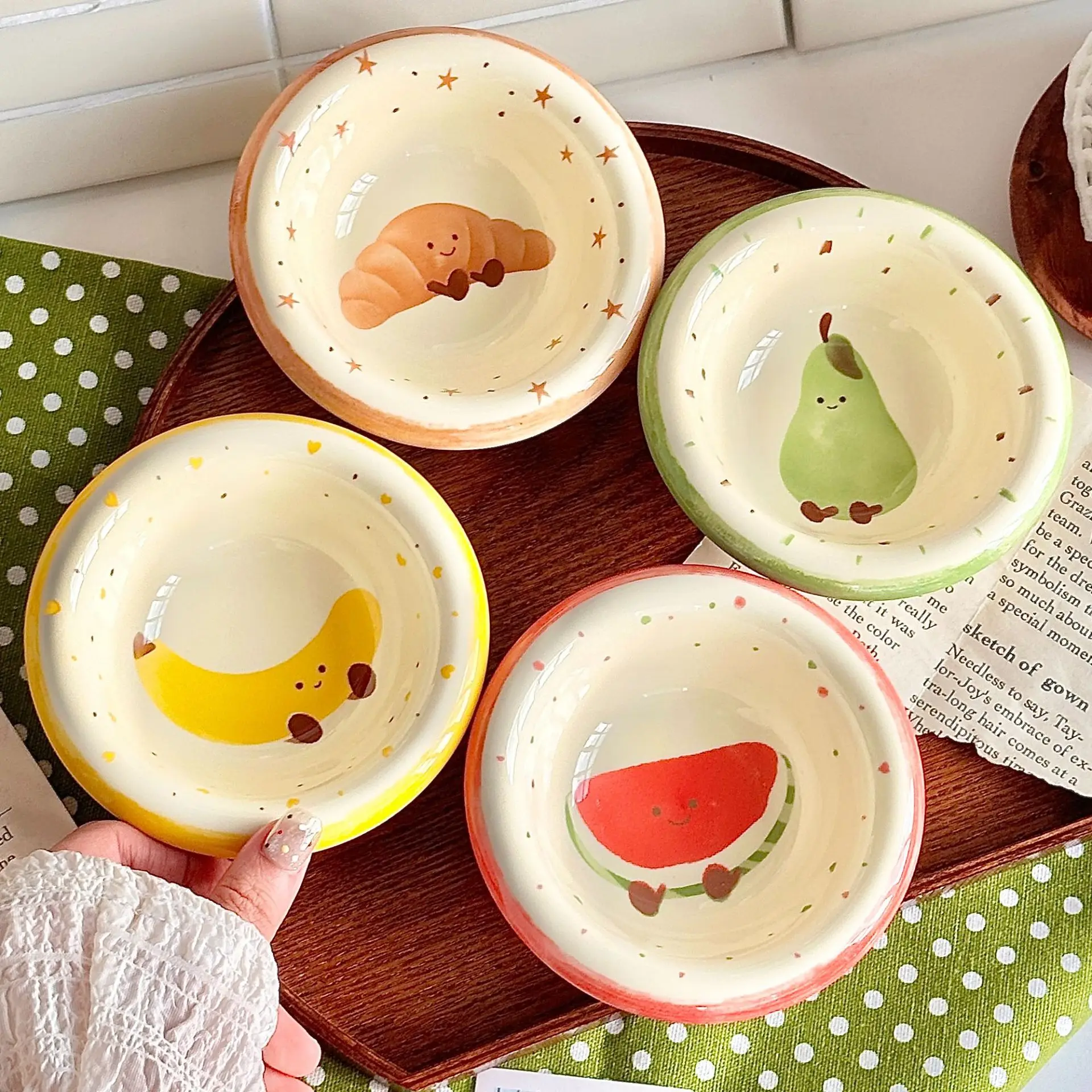 Cute Fruit Croissant Dipping Bowls High Aesthetic Underglaze Color Soy Sauce Dish Girlish Heart Seasoning Plates Tableware Dish