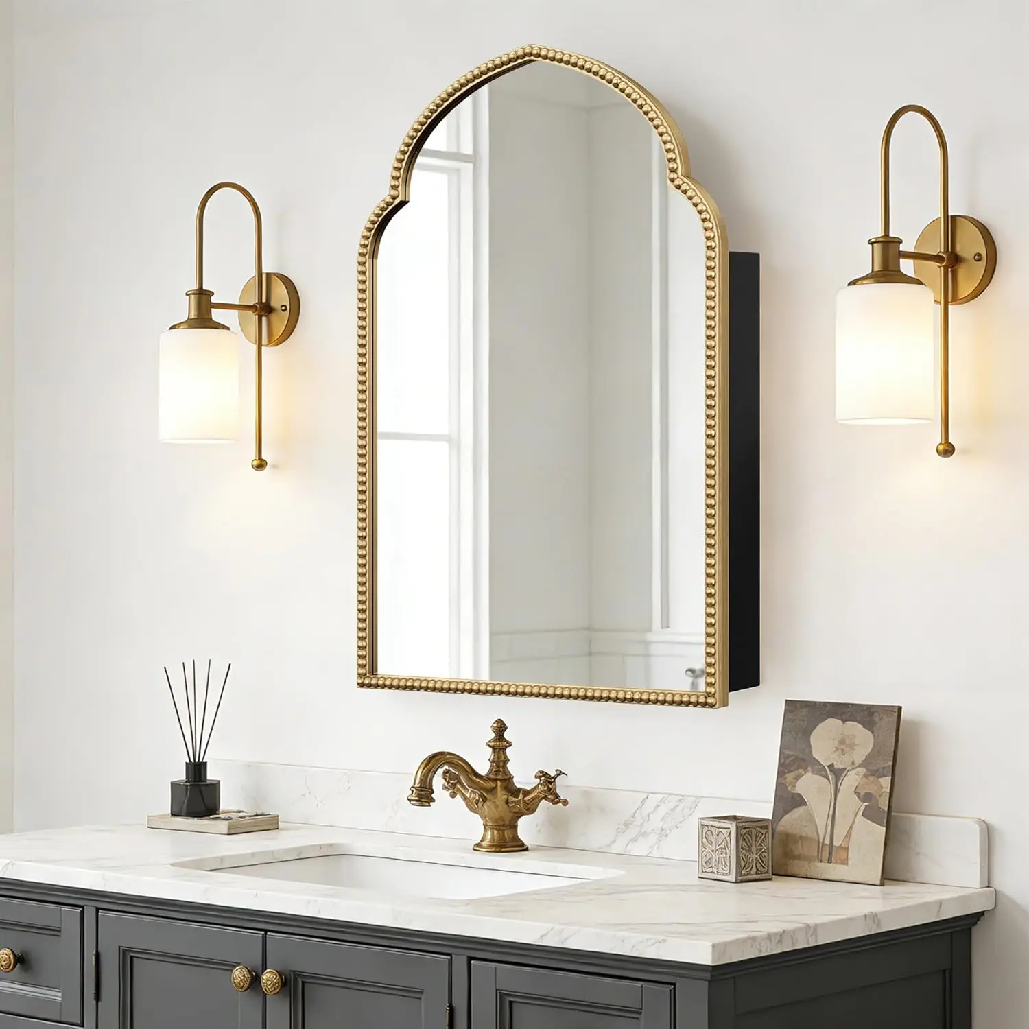 

Arched Wall-Mounted Mirror Cabinet Retro Medicine Storage Removable Shelves Vanity Organizer Gold 19.7x29.9inch Customized