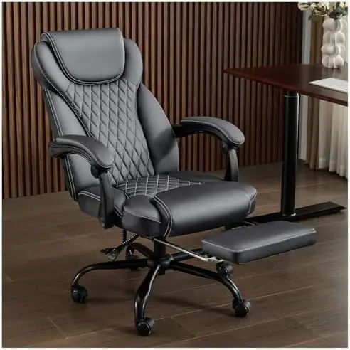 Big and Tall Office Chair with Footrest, Ergonomic Leather High Back Computer Chair Infinite Lock Reclining 90°-135°,20