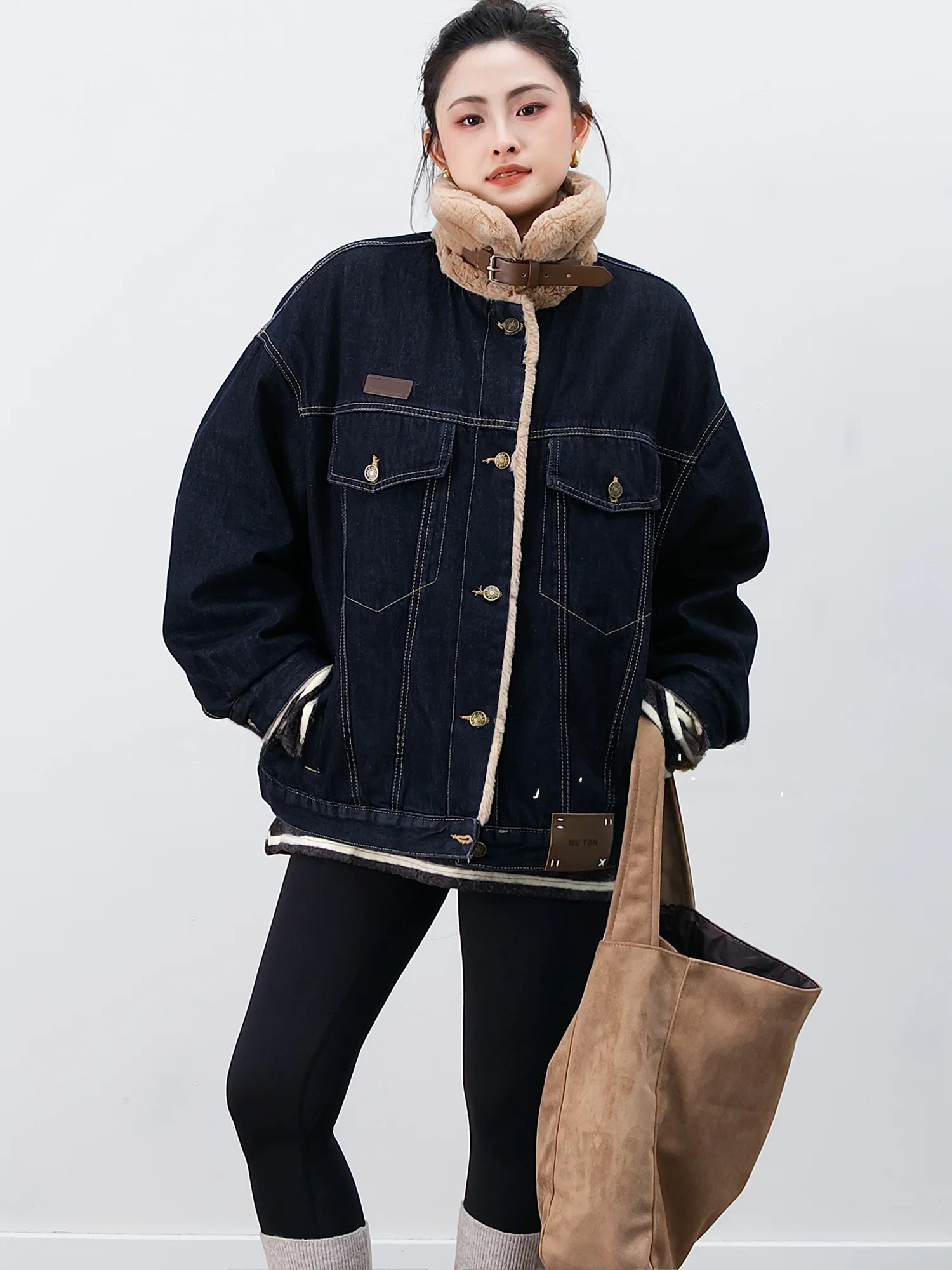 

Корейская джинсовая куртка с подкладкой Thiened Denim, женская зимняя парка небольшого размера с меховым воротником, длинное пальто-парка на одной пуговице...