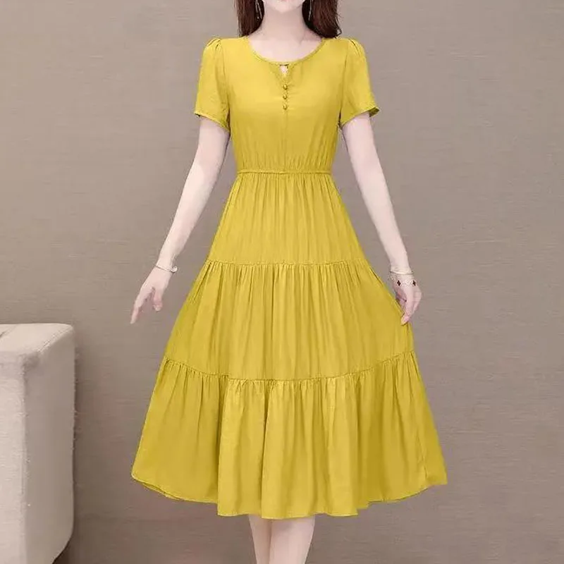 Elegant Fashion Lace Spliced V-Neck Chiffon Dresses 2023 Summer Women\'s Clothing Korean Simplicity Slim Solid Color Female Dress