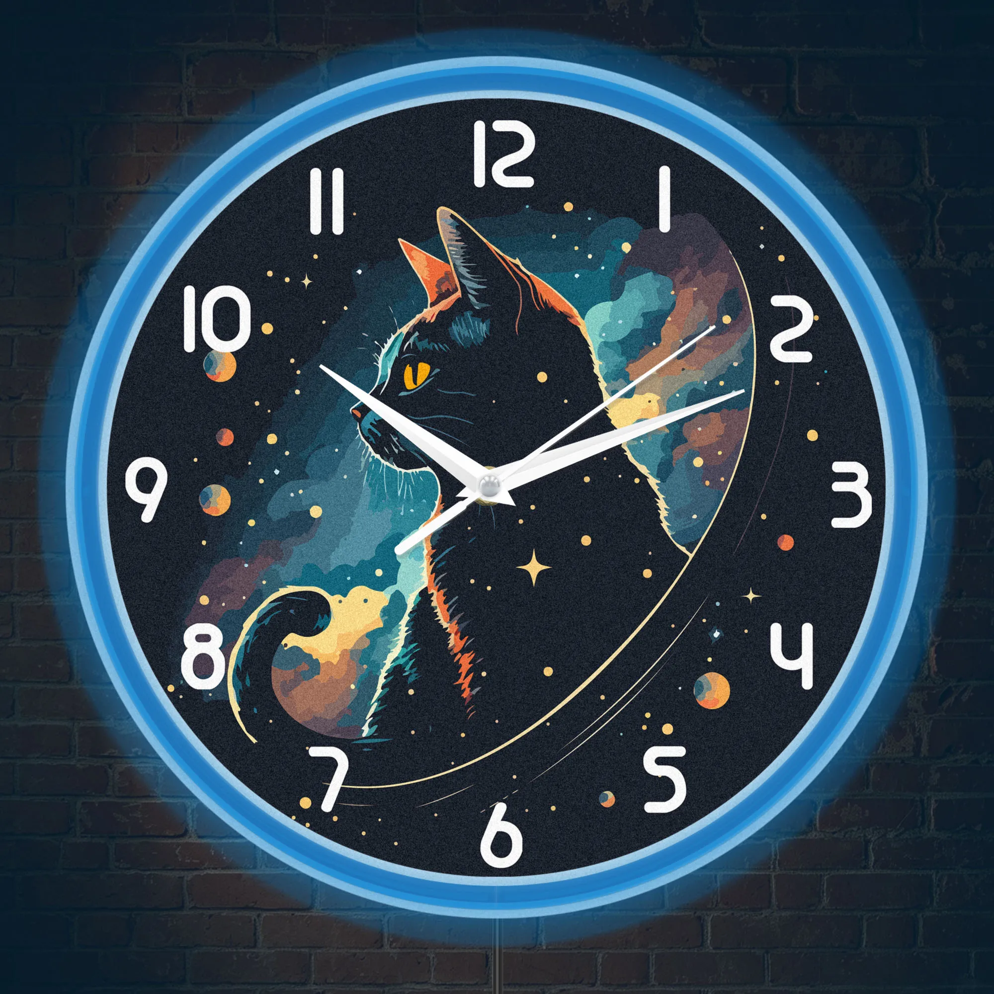 Starry Galaxy Black Cat LED Neon Light Wall Clock for Pet Shop Night Space Cosmic Kitten Silent Quartz Wall Clock Glow in Dark