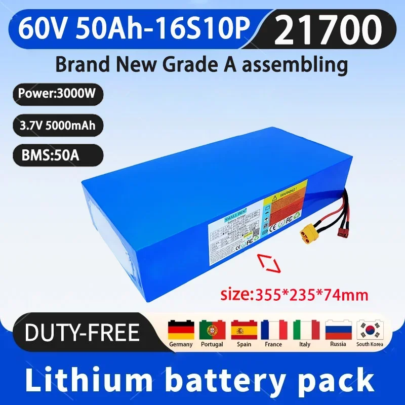 60V 50Ah 21700 16S10P Lithium Ion Battery Pack 3000W Power Tool Batteries Outdoor Backup Batteries With 50A BMS+67.2V 5A charger