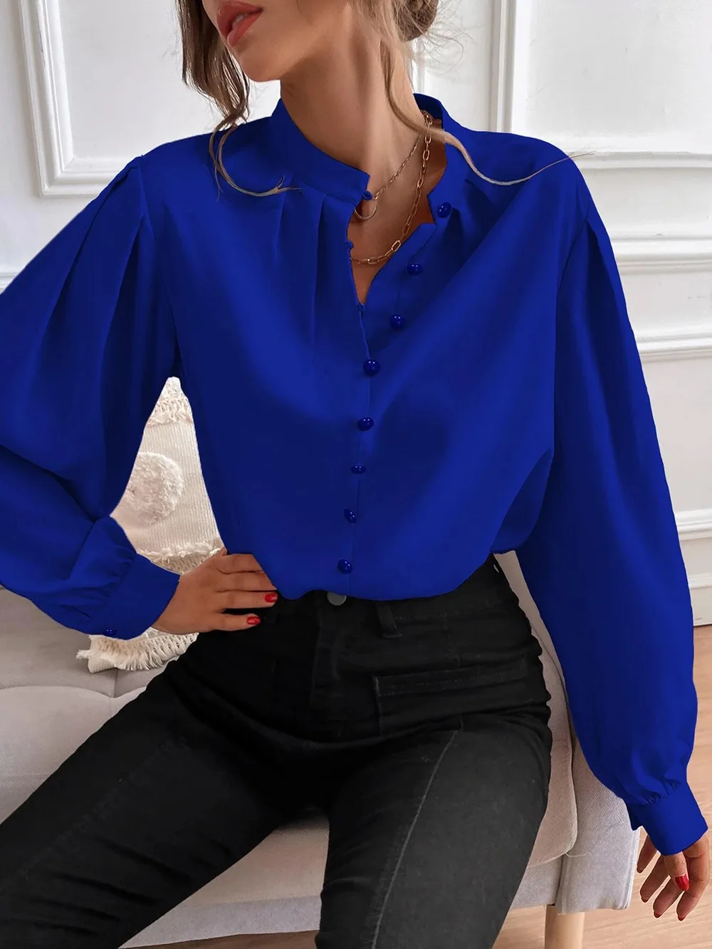 Jesienne eleganckie koszule zapinane na guziki z dekoltem w szpic dla kobiet z długim rękawem Office Casual Business Plain Blouses Tops