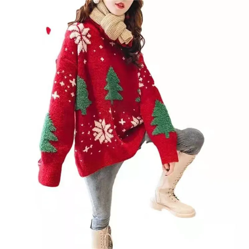 European Style Thickened Red Christmas Sweater Women's Overhead Autumn Winter New Trendy Loose Lazy Style Outerwear Top
