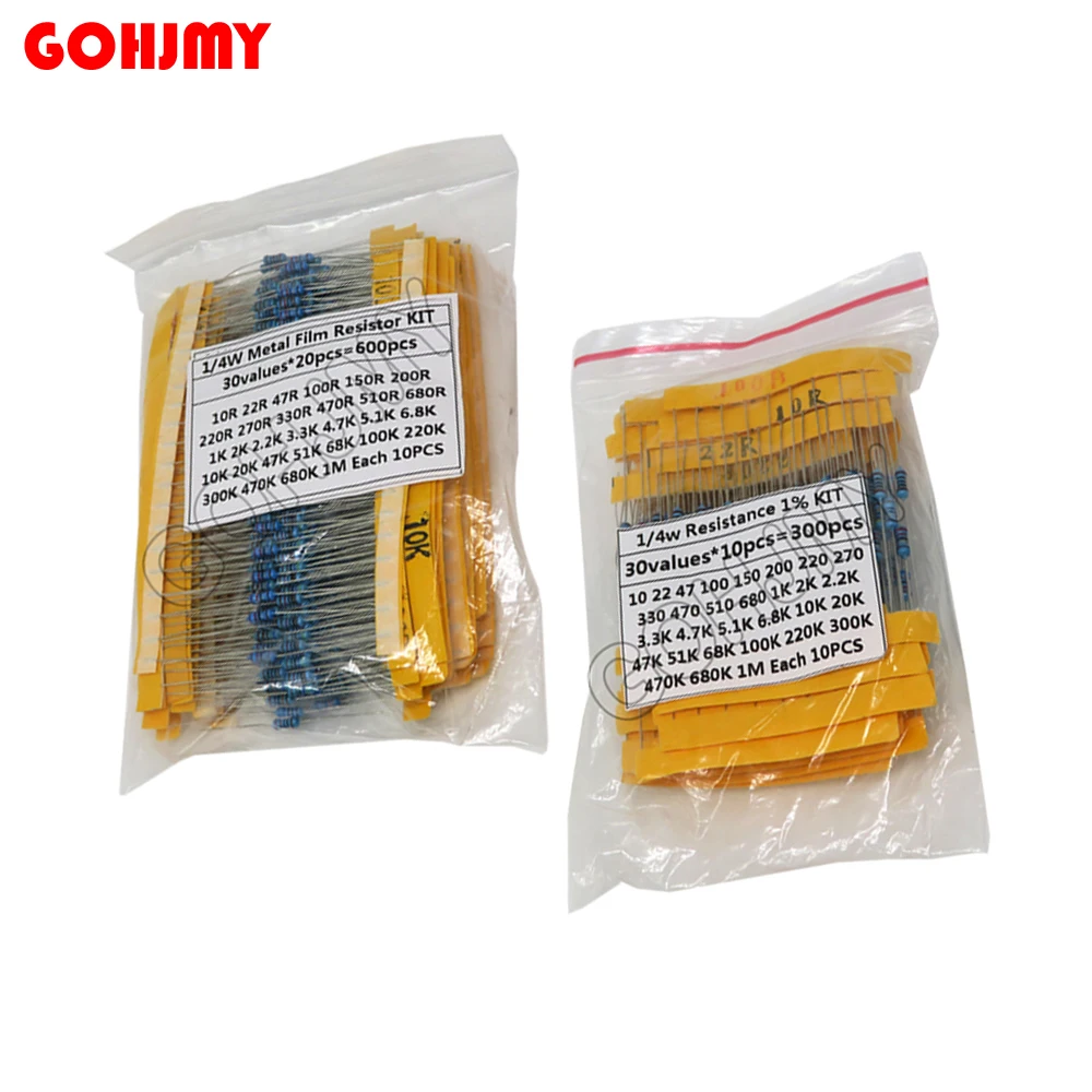 600PCS/lot  300pcs/set  30 Kinds 1/4W Resistance 1% Metal Film Resistor Pack Assorted Kit 1K 10K 100K 220ohm 1M Resistors 
