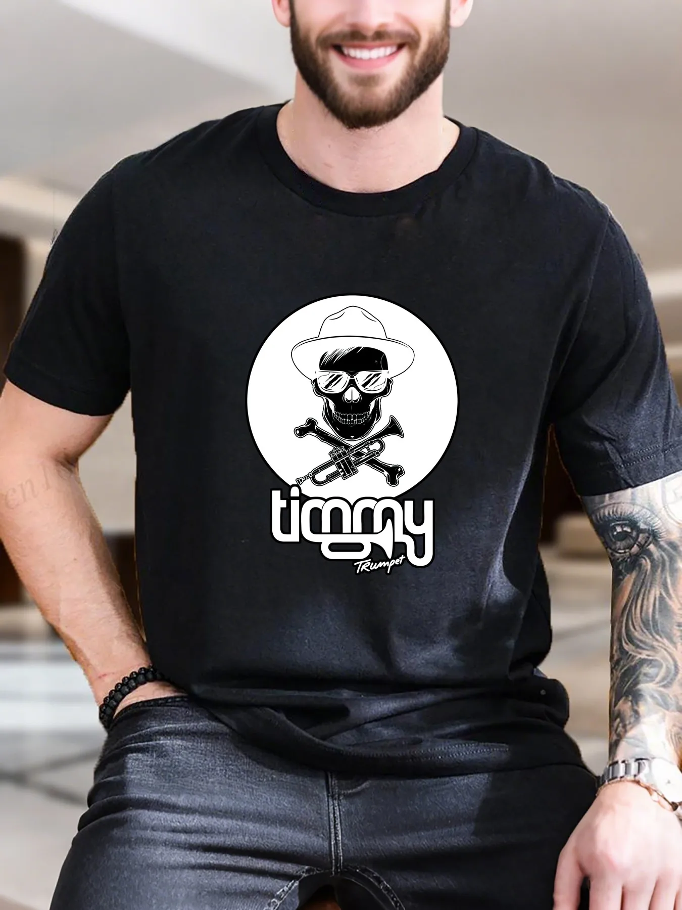 

New Arrival Fashion Men's Cotton Printed Short Sleeve T-Shirt Skull with Hat Sunglasses Cool Design Casual Versatile Pure Cotton