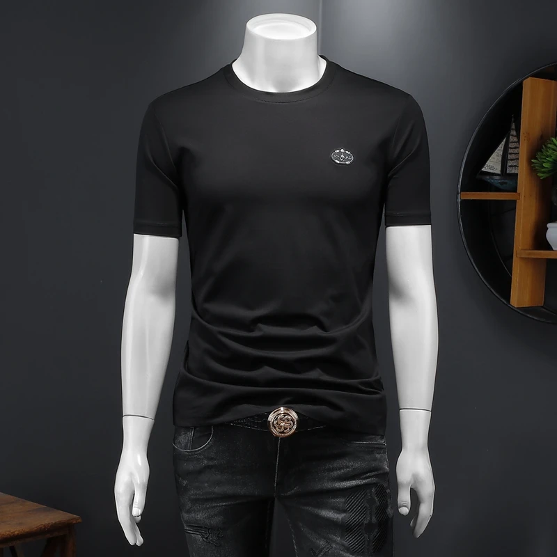Trendy Solid Color Round Neck Short Sleeved T-shirts Men High Quality Slim Fit Casual Business T-shirt Social Party Men Clothing