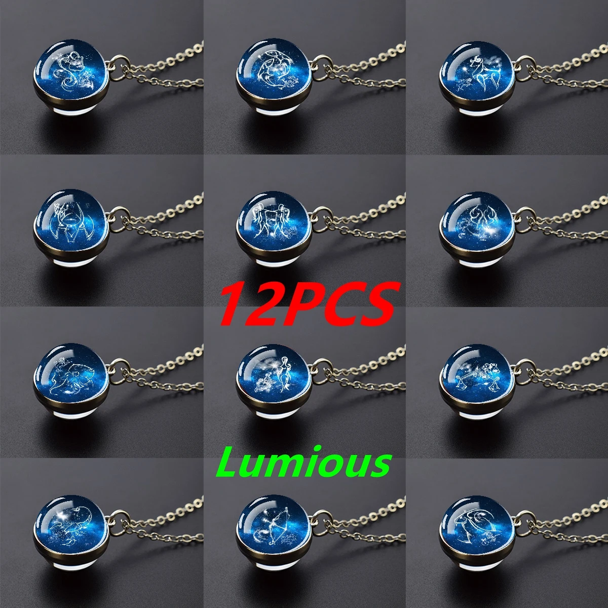 12PCS Luminous Zodiac Necklace Set, Glow in the Dark 12 Constellation Blue Galaxy Glass Ball Pendant Necklaces, Birthday Gift