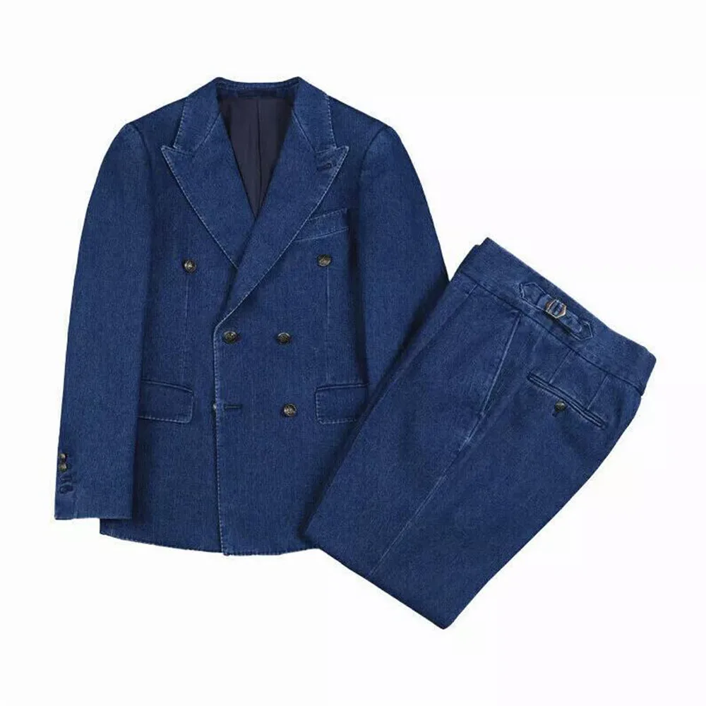 Classic Blue Denim Suits Men Double Breasted Jacket Pants 2 Pieces Male Daily Wear Custom Made Groom Wedding Tuxedo Buisiness