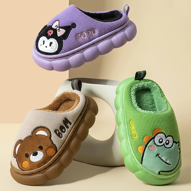 Kids Cartoon Dino Slippers Winter Warm Fleece Lined House Shoes Non Slip Thick Cloud Sole Boys Cute Dinosaur Indoor Home Slipper