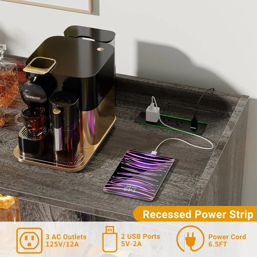 Bar d'armoire à liqueur avec prise de courant, lumière LED avec support à vin et verres pour le rangement de la cuisine et de la salle à manger, chêne noir Fi