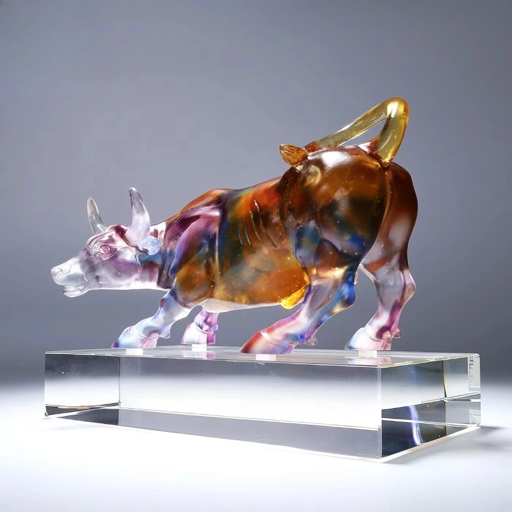 modern gradual change glazed bull statue handmade crystal bull sculpture art animal ornaments luxury home decoration