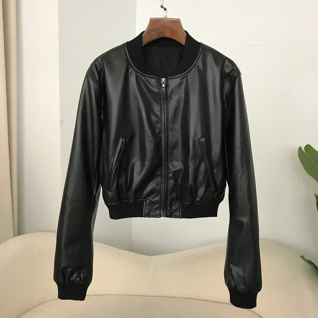 Women Washed Leather Loose Jacket Vintage Stand Collar Gradient Zipper Short Coat Spring Lady Locomotive Style Bomber Brand New