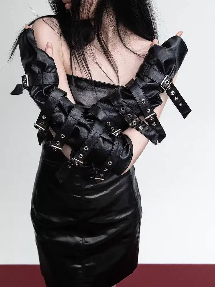 

Женские черные нарукавники из искусственной кожи Y Demo с множеством пряжек, в готическом стиле, без пальцев, для косплея и вечеринок