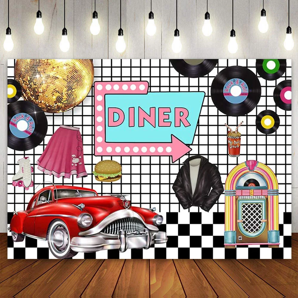 

50's Rock and Roll Diner Backdrop Sock Hop Disco Prom Party Photography Background 7x5ft Photo Shooting Studio Props Party Decor