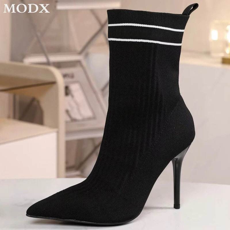 Stretch Fabric Ankle Boots Fashion Thin Heel Mixed Color Pointed Toe Short Boots for Women Sexy Luxury Runway Shoes Botas Mujer