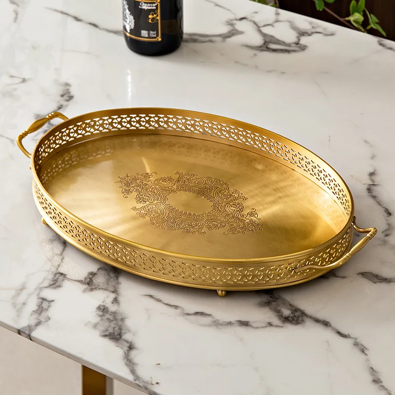 Brass retro tray home living room coffee table water cup snack desktop storage light luxury American tray ornament