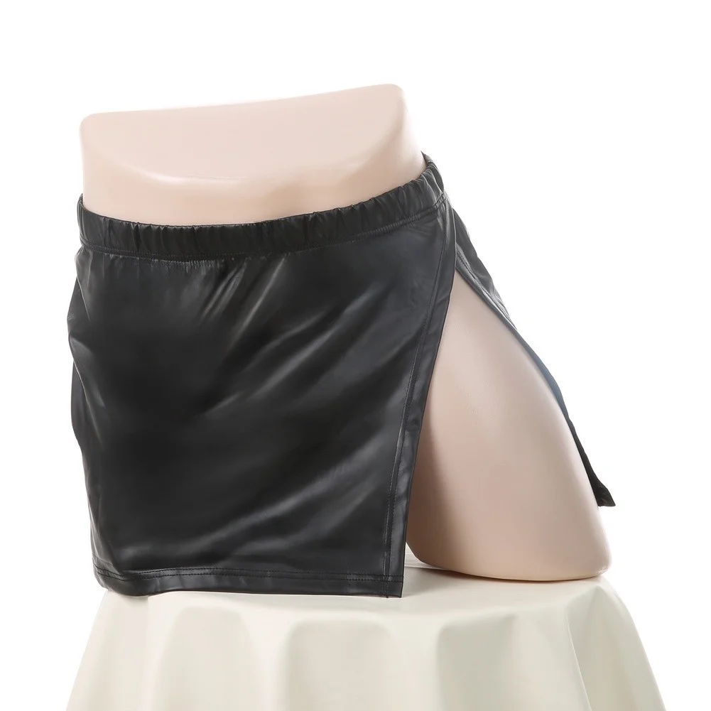 Men PU Side Opening Skirt Faux Leather Boxer Shorts Underwear Solid Underpants High Side Split Bodycon Short Skirt Sexy Lingerie