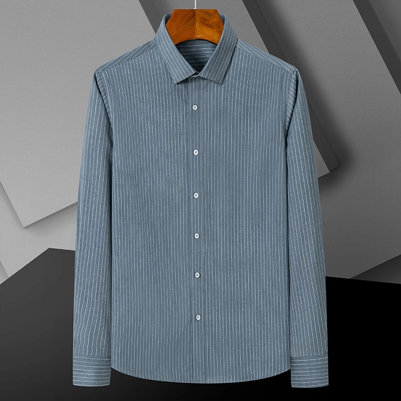 Men's Fashion Business Casual Long Sleeve Shirt Bamboo Fiber Elastic Lightweight Striped Luxury Top Spring Autumn Wear