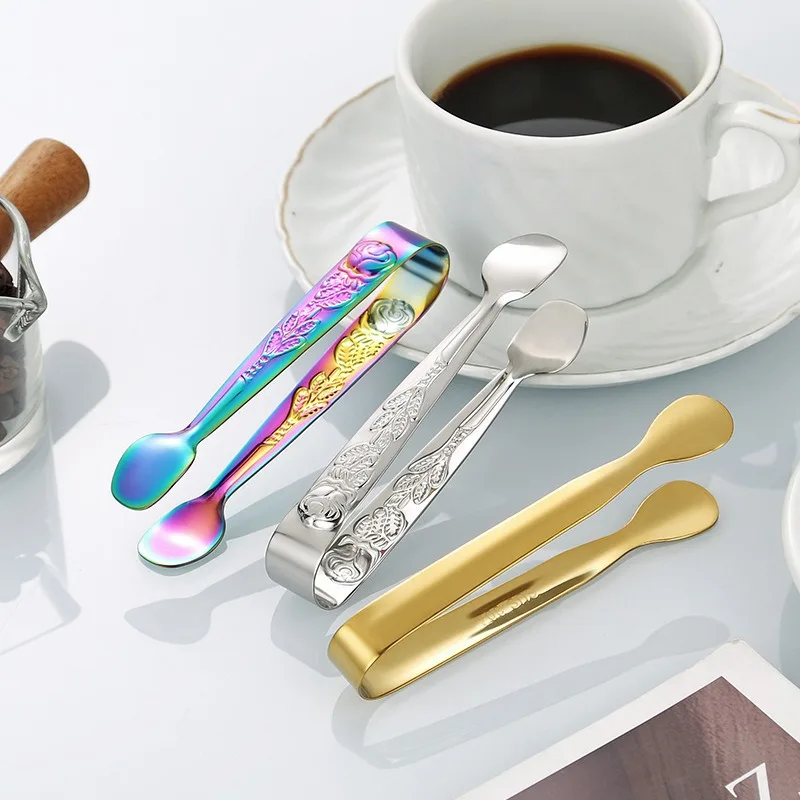 New 304 Stainless Steel Rose Pattern Mini Clips, Sugar Cube Tongs, Thickened Ice Tongs for Bar Ice Bucket, Cross-Border Use