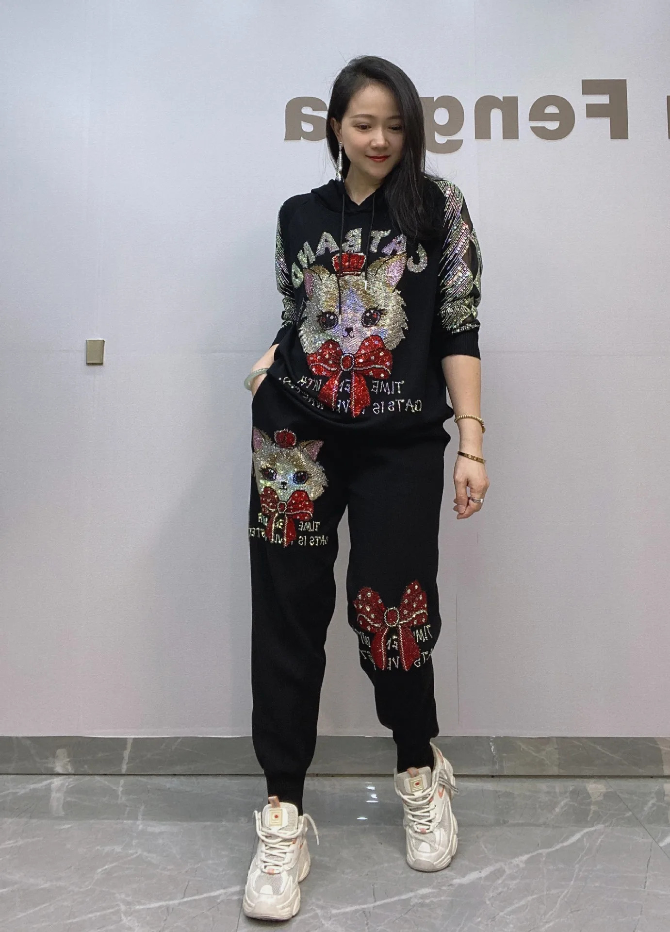 Cartoon Sequins Knitted Black 2 Piece Pant Sets Women Outfits Casual Pullover Long Sleeve Sweater and Pencil Trousers Sportwear