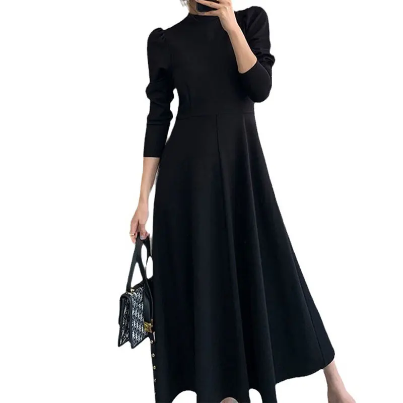 Elegant Fashion Harajuku Slim Fit All Match Women\'s Clothing Loose Casual Mid Length Skirt Solid Patchwork Long Sleeve Dresses