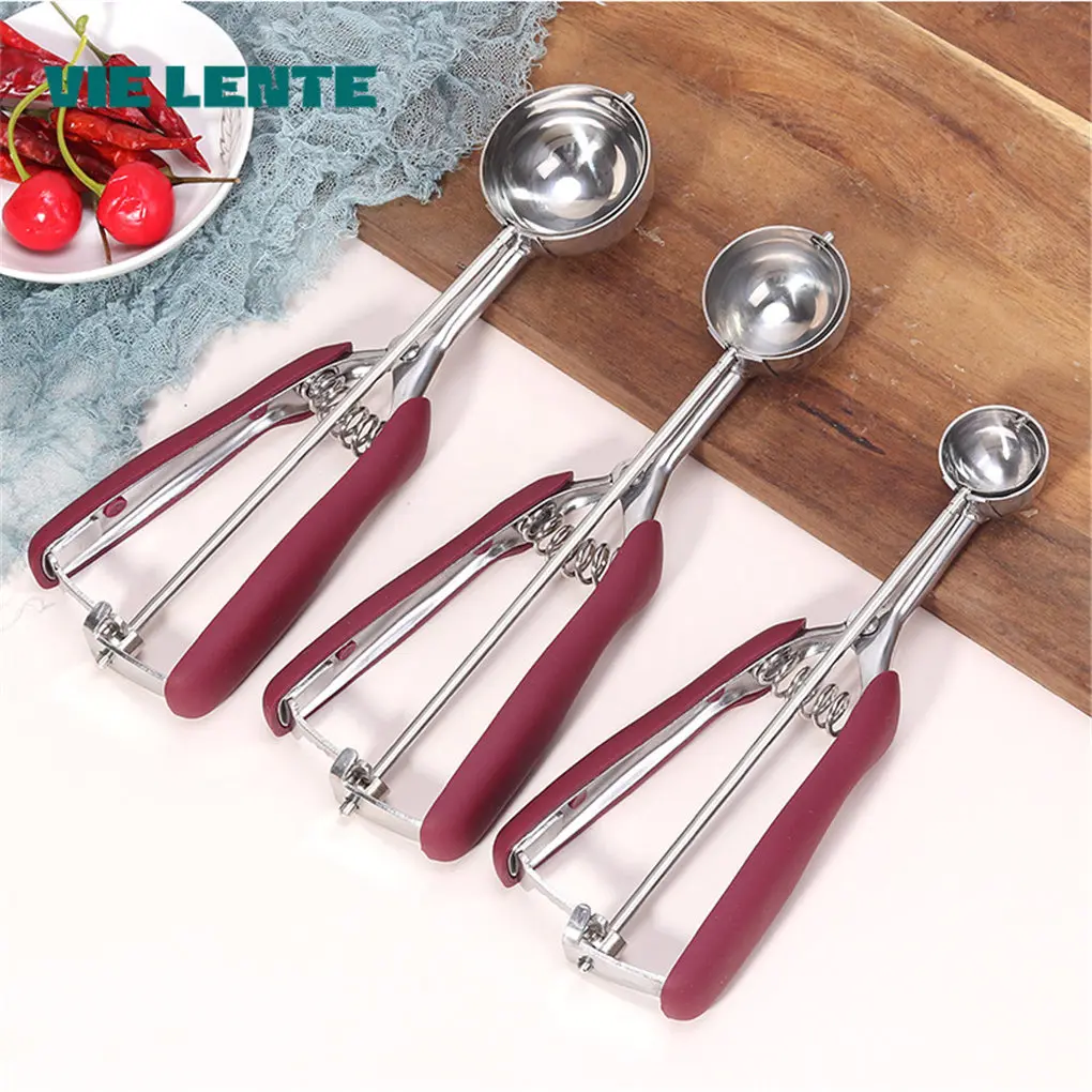 Stainless Steel Ice Cream Scoop Spring Handle Scoop Cookie Dough Spoon Fruit Potato Watermelon Digging Ball Kitchen Accessories