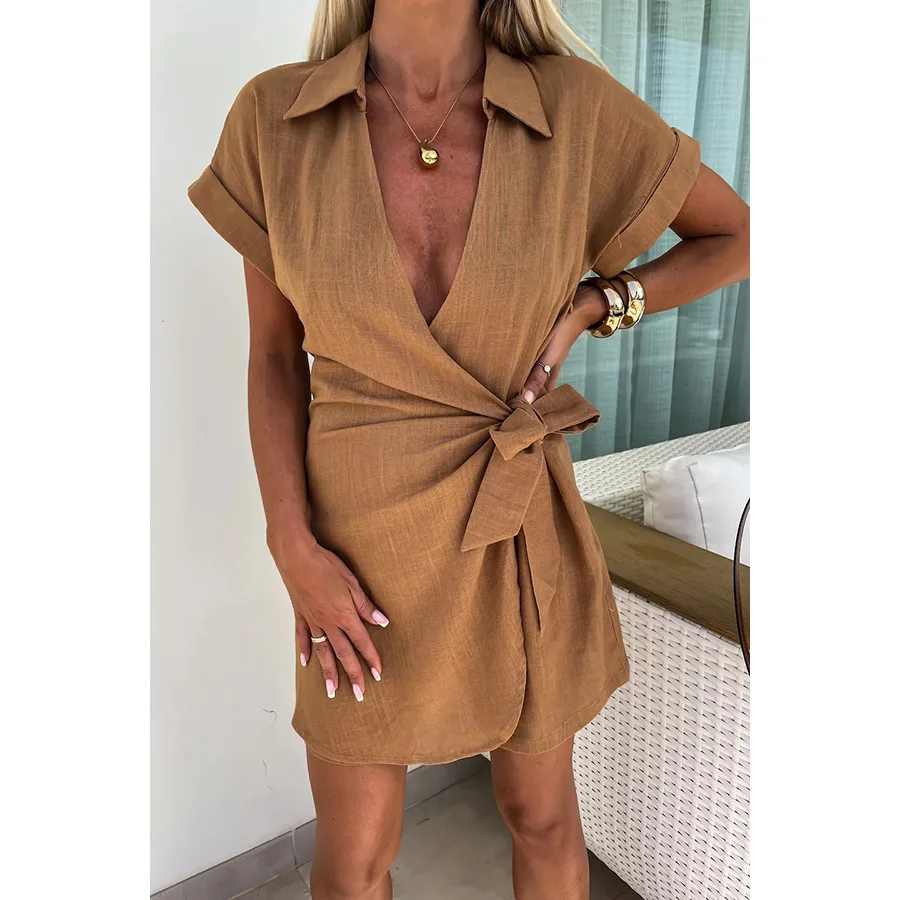 2025 ฤดูร้อนใหม่Lace Upผู้หญิงJumpsuitsลําลองหลวมวันหยุดหญิงJumpsuitกางเกงขาสั้น