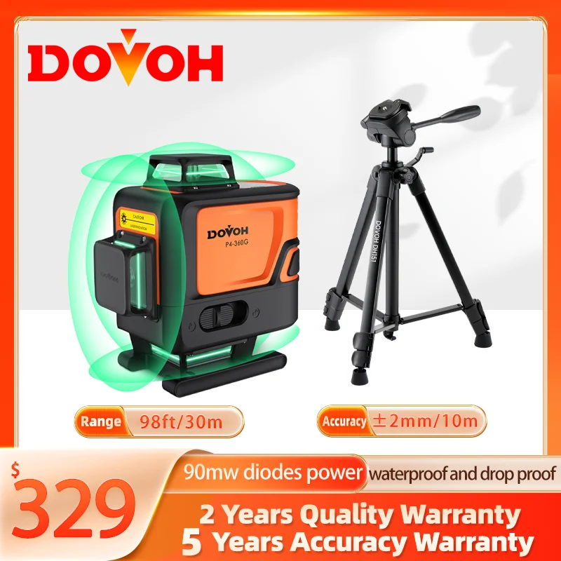 DOVOH Laser Level P4-360G With Tripod High Accuracy Green Beam Rechargeable 4x360 Floor Laser Levels for Construction，Class Ⅱ