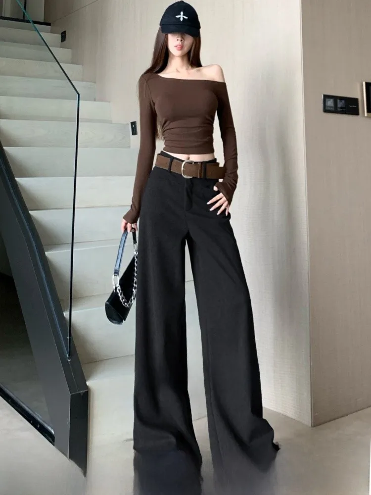 

Черные шерстяные костюмные брюки на подкладке Bla Fce, женские прямые драпированные широкие брюки, брюки с высокой талией для поездок на работу