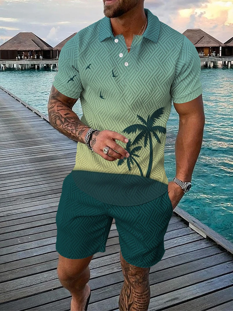 Men Suits Coconut Trees 3D Print Beach  Button Polo Shirt + Shorts Two Piece Set Soft Fashion Casual Men Clothing Tracksuit Set