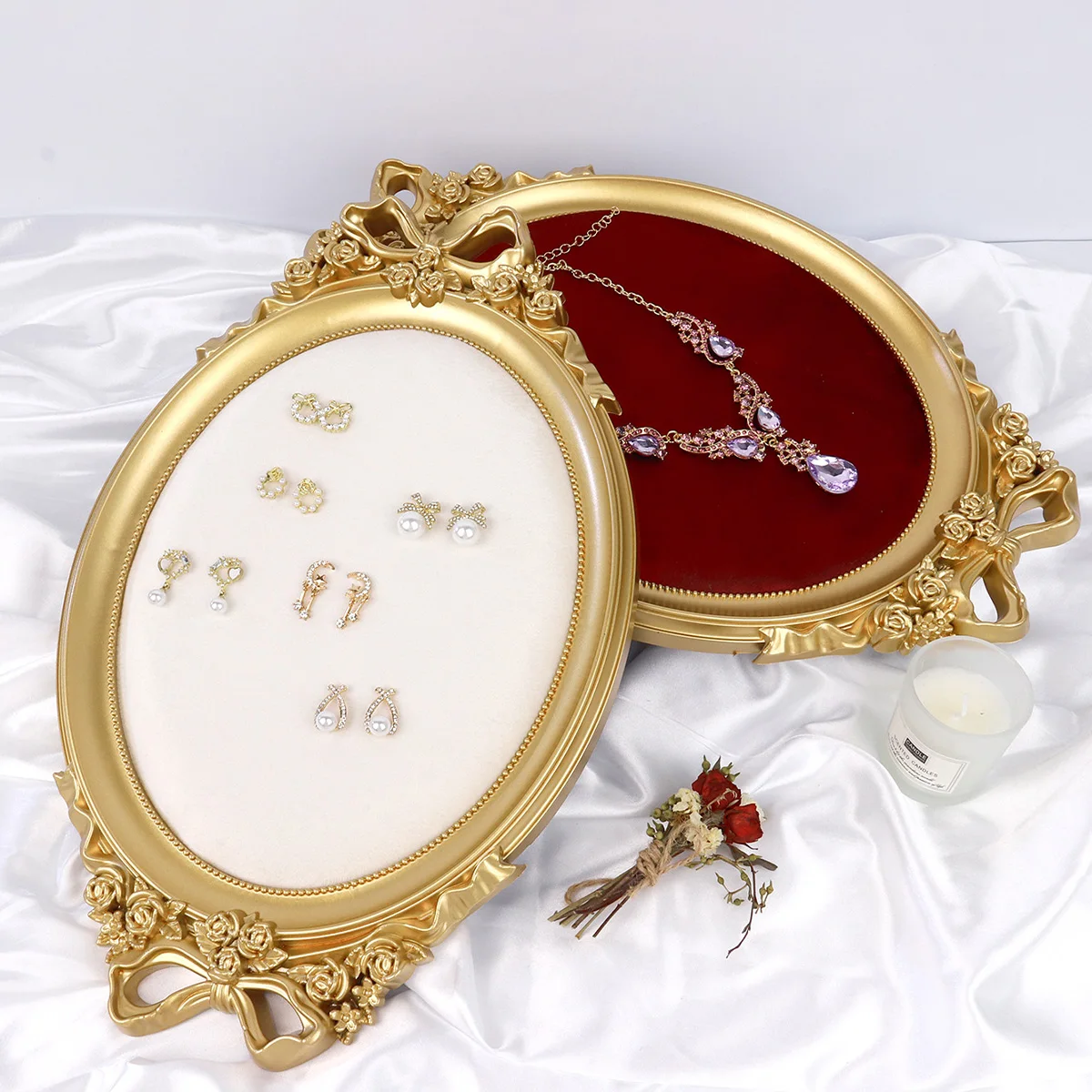 

Vintage Photo Frame Shaped Jewelry Display Tray with Gold Border 38*25Cm Large Size Colored Velvet Ring Earring Storage Props