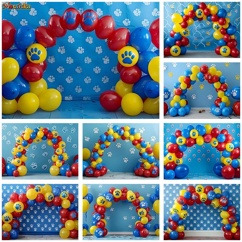 

Mocsicka Happy Birthday Photography Background Cute Kids Balloon Party Dog Paws Blue Backdrop Cake Smash Photo Banner Studio