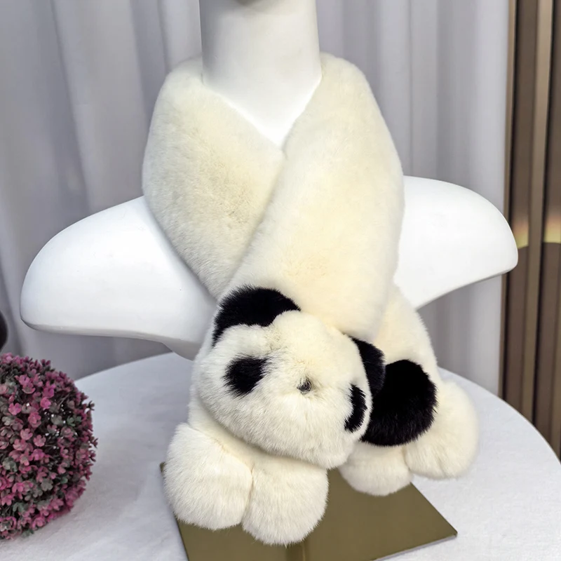 

Besfilin Real Rex Rabbit Fur Scarf for Women And Children Cute Cartoon Bear Panda Design Warm Soft Parent-Child Accessory Winter