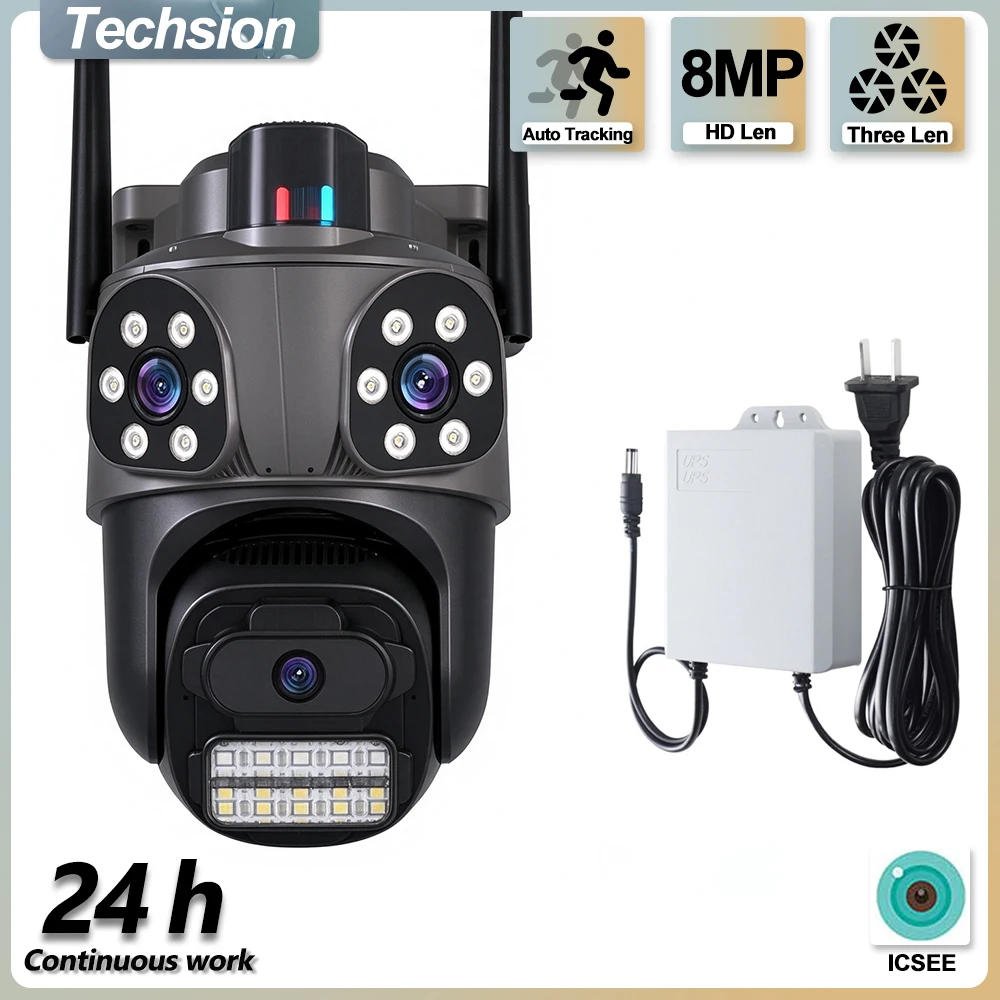 UPS Outdoor WiFi Camera 4K 8MP Triple Lens Triple Screen PTZ Security Cam AI Auto Tracking CCTV Wireless Surveillance Cam ICSEE