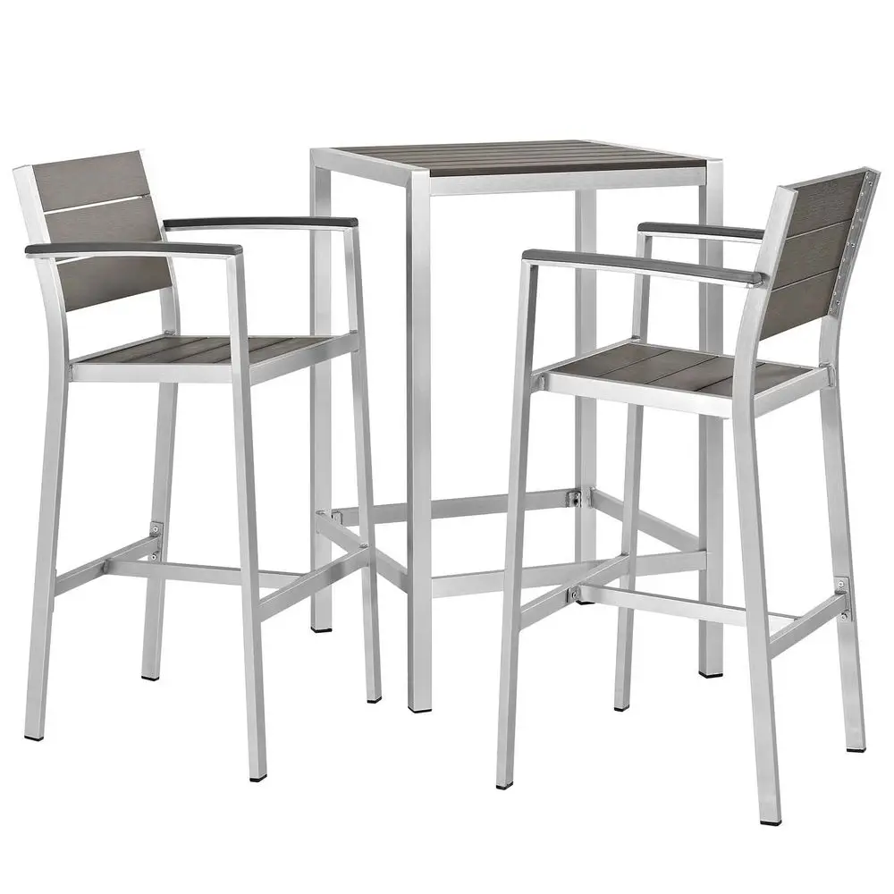 

Shore Aluminum 3Piece Outdoor Patio Pub Bistro Set with 28 Bar Table and Two Bar Stools in Silver Gray