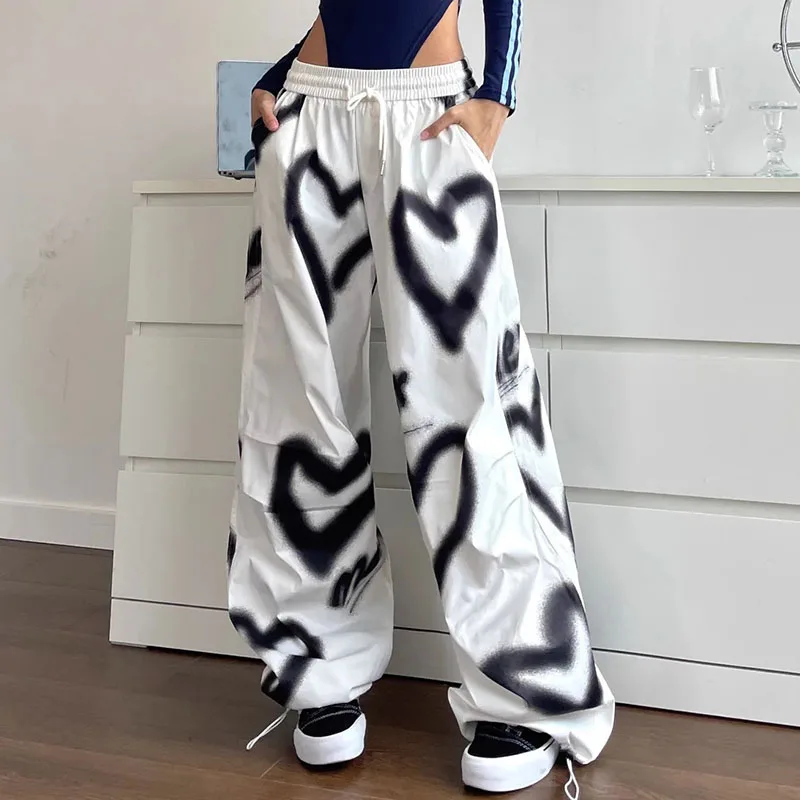 

American Retro Love Graffiti Wide Leg Pants for Women Y2K Elastic High Waist Streetwear Loose Drawstring Jogging Dance Trousers