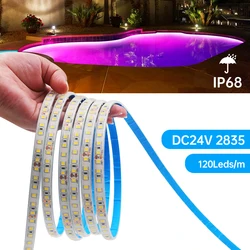 Impermeável LED Strip Light para Piscina, Lâmpada Corda Subaquática, Fita de Diodo Flexível, IP68, SMD2835, 120LEDs por m, 5m, 10m, 15m, 20m, 24V