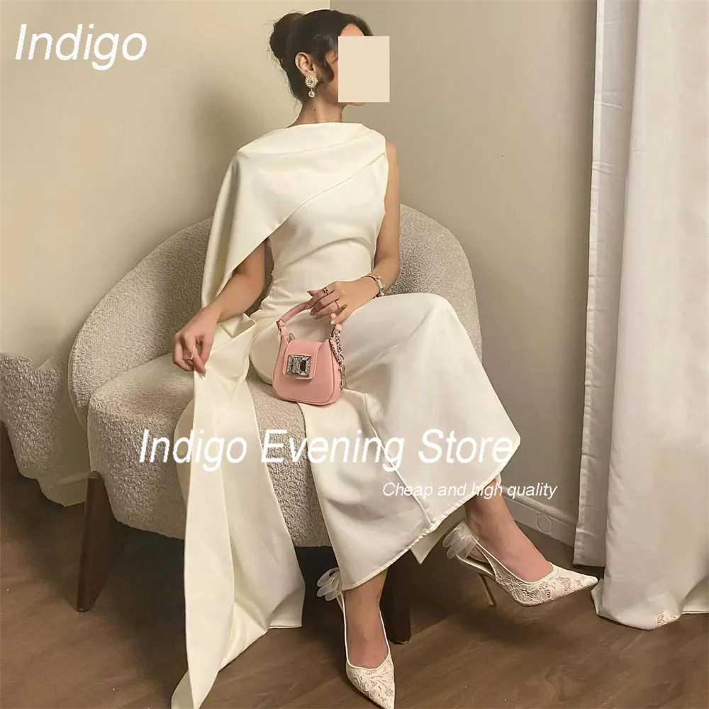 

Indigo Mermaid Evening Dress O-Neck Crepe Ankle-Length Sleeveless Shawl Pleat Woman 2024 Prom Gown Formal Occasion فساتين السهرة