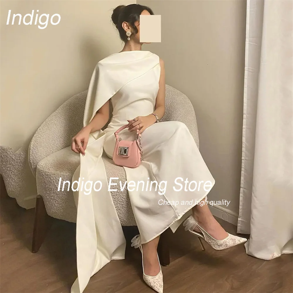 Indigo Mermaid Evening Dress O-Neck Crepe Ankle-Length Sleeveless Shawl Pleat Prom Gown Formal Occasion فساتين السهرة Customized