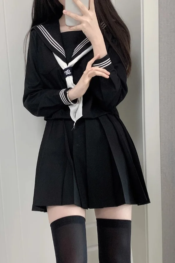 Genuine Japanese Black Orthodox JK 3-Piece Sailor Uniform Set,Original Style,Preppy College Outfit for Daily Student Campus Wear